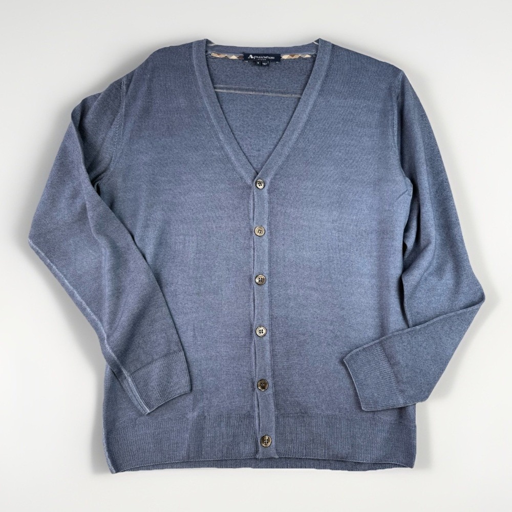 Aquascutum London Men's Small Blue 100%‎ Merino Wool Cardigan Made Italy $395